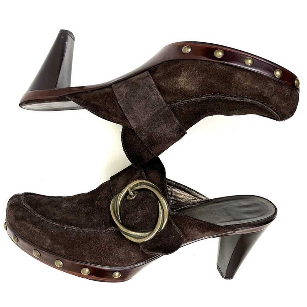 Stuart Weitzman Brown Suede Brass Buckle Clog Heels Mules SZ 7